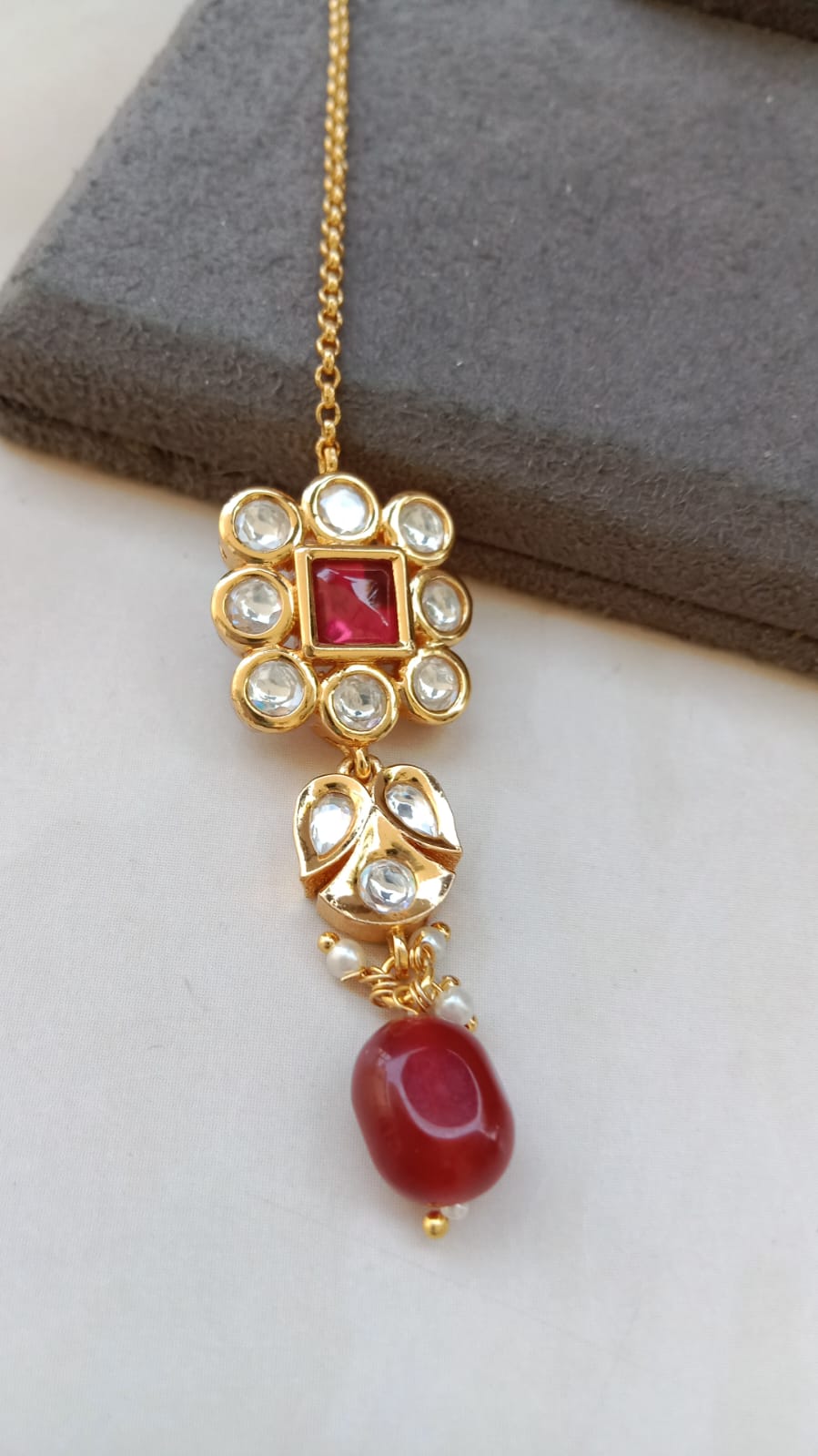 Kundan Tikka with Ruby Center Stone & Pearl Drop