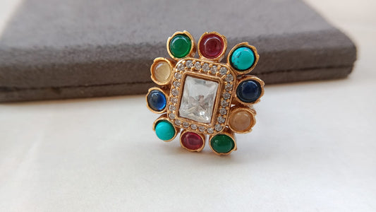 Polki Ring with Multicolor Stones and Gold Plating