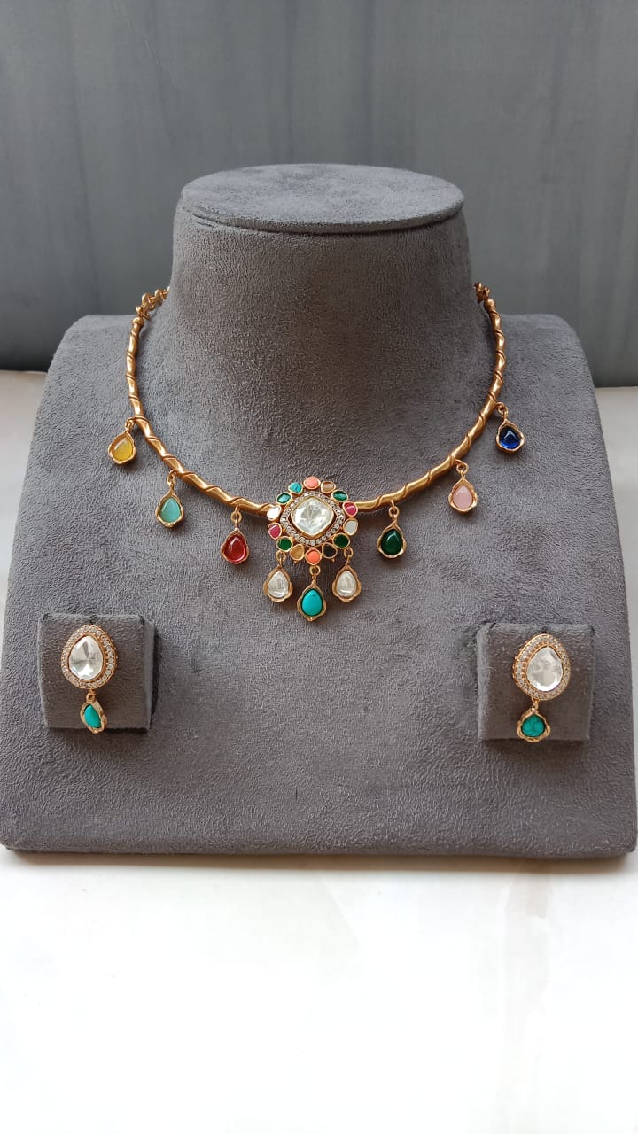 Delicate Polki Choker Set with Multi-Drop Stones