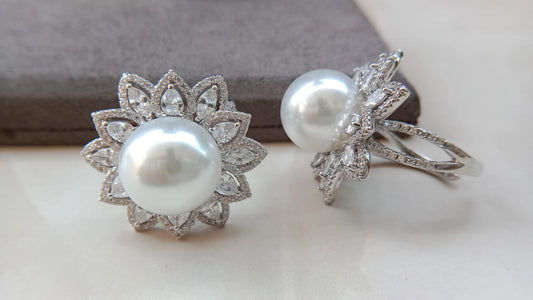 AD Pearl Adjustable Ring with AD Stones