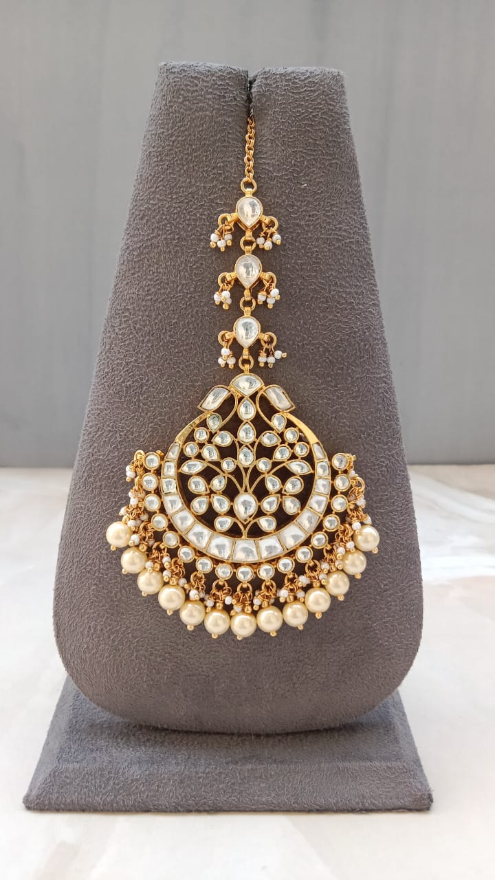 Golden Plated Kundan Tikka with Pearl Drops