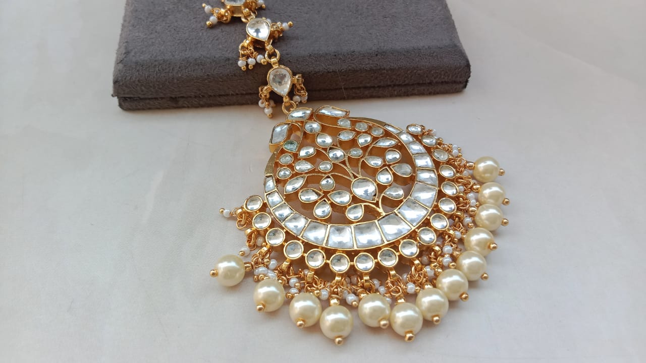 Golden Plated Kundan Tikka with Pearl Drops