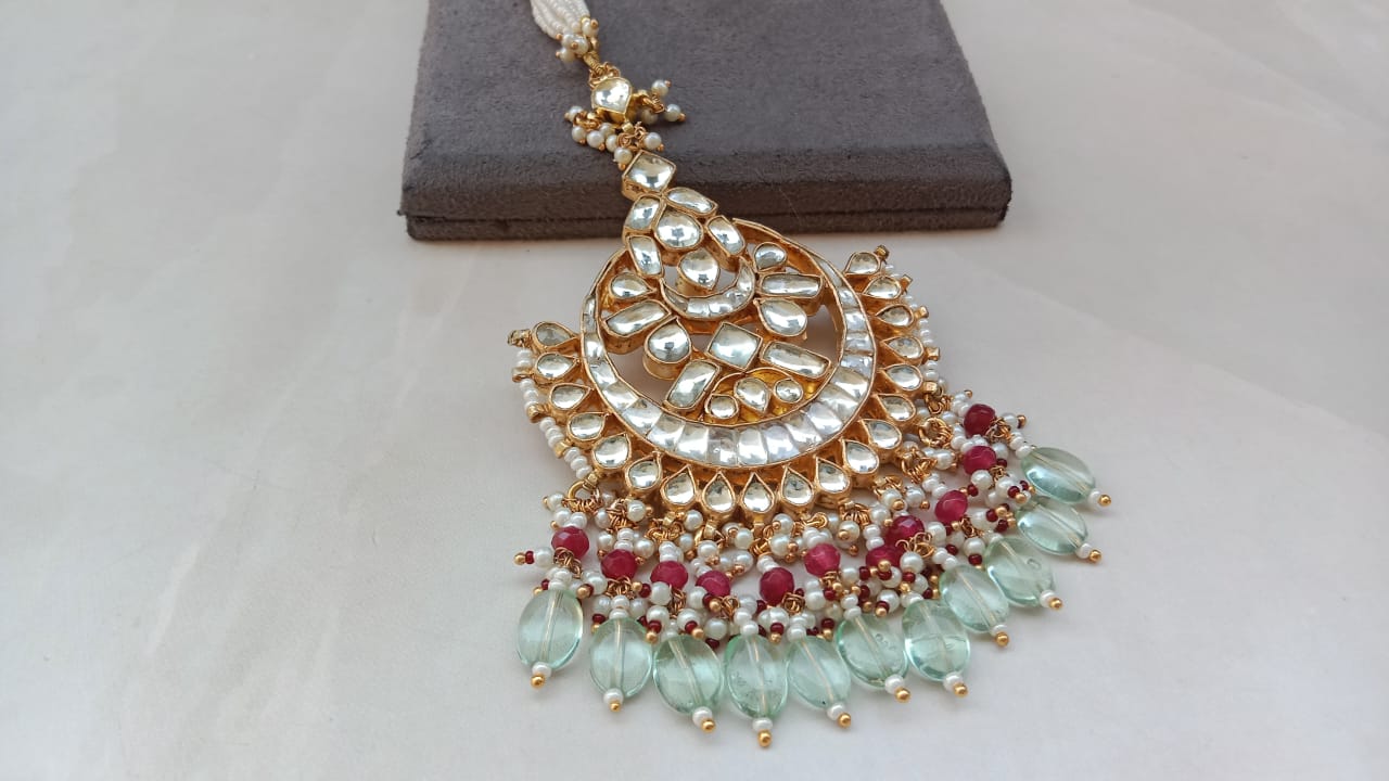 Kundan Chandbali Tikka with Ruby Beads & Mint Green Drops