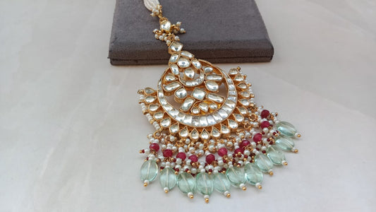 Kundan Tikka with Ruby Beads & Mint Green Drops