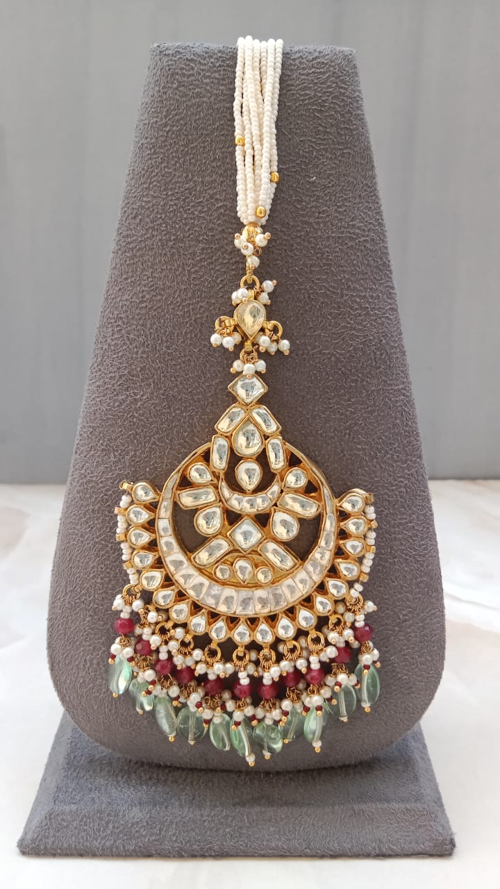 Kundan Chandbali Tikka with Ruby Beads & Mint Green Drops