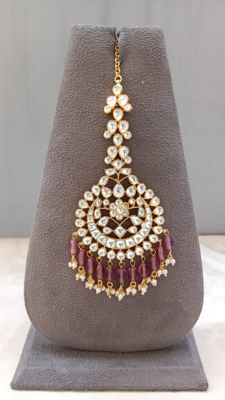 Kundan Chandbali Pendant with Purple Beads & Pearl Drops