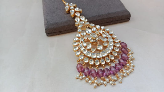 Kundan Chandbali Pendant with Purple Beads & Pearl Drops
