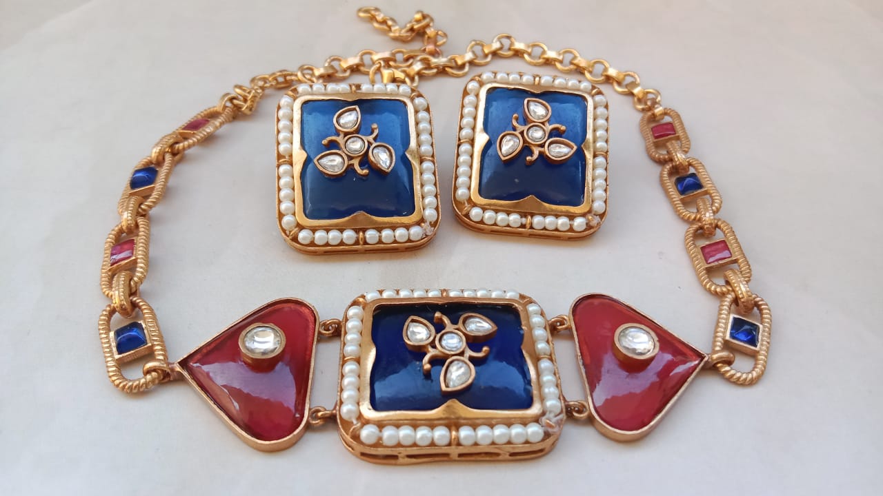 Ruby Sapphire Choker Meenakari Set