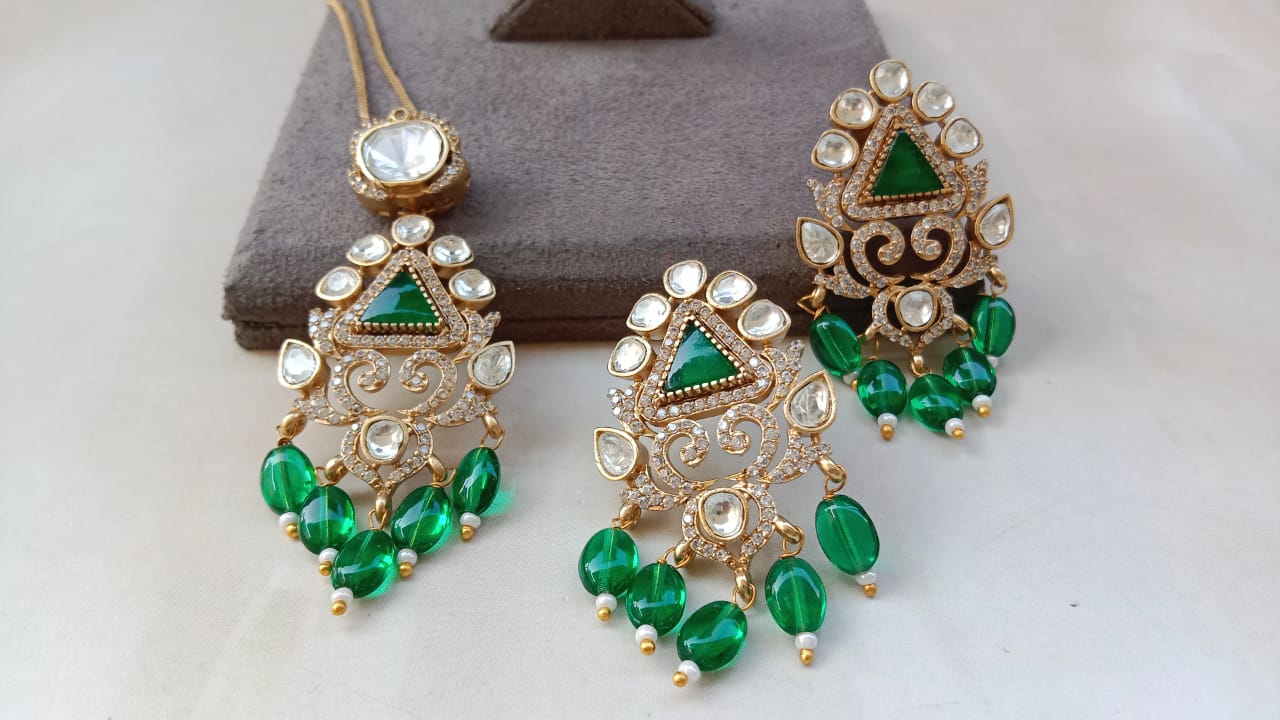 Gold Plated Kundan Pendant Set with Green, Pink & Purple Beads