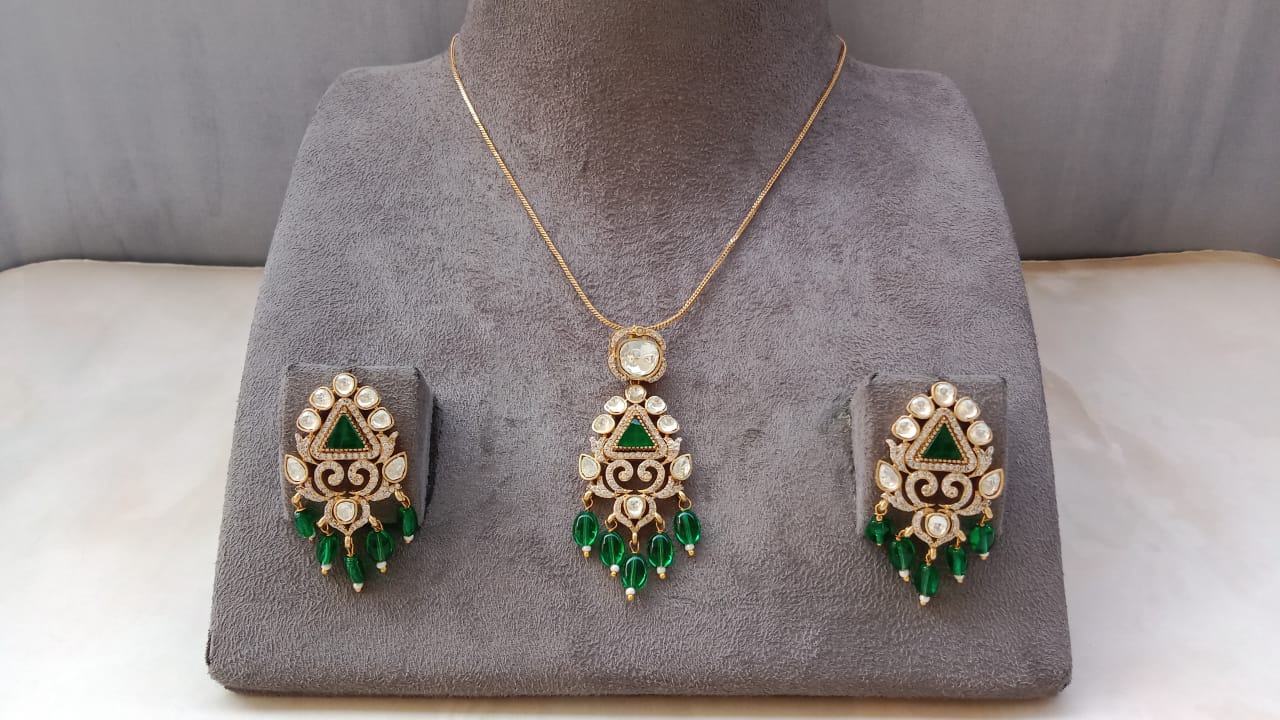Gold Plated Kundan Pendant Set with Green, Pink & Purple Beads