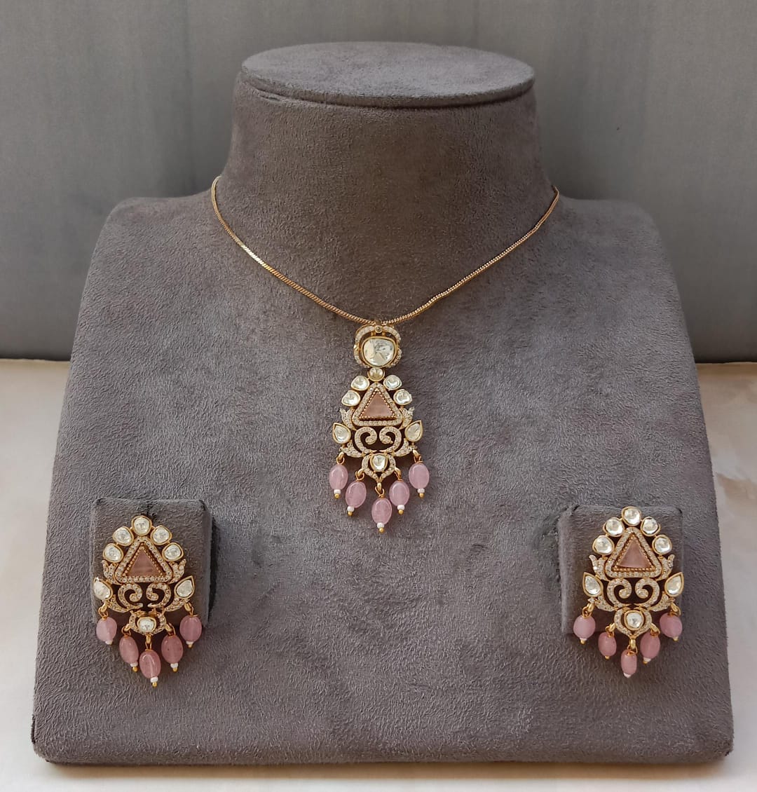 Gold Plated Kundan Pendant Set with Green, Pink & Purple Beads