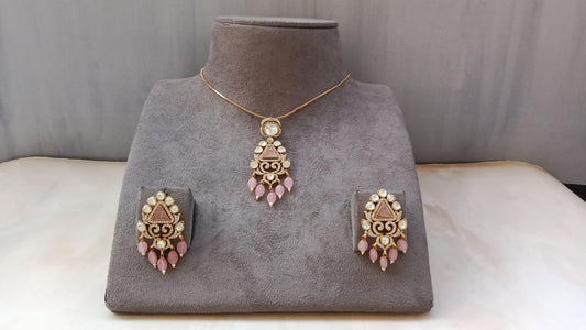 Gold Plated Kundan Pendant Set with Green, Pink & Purple Beads