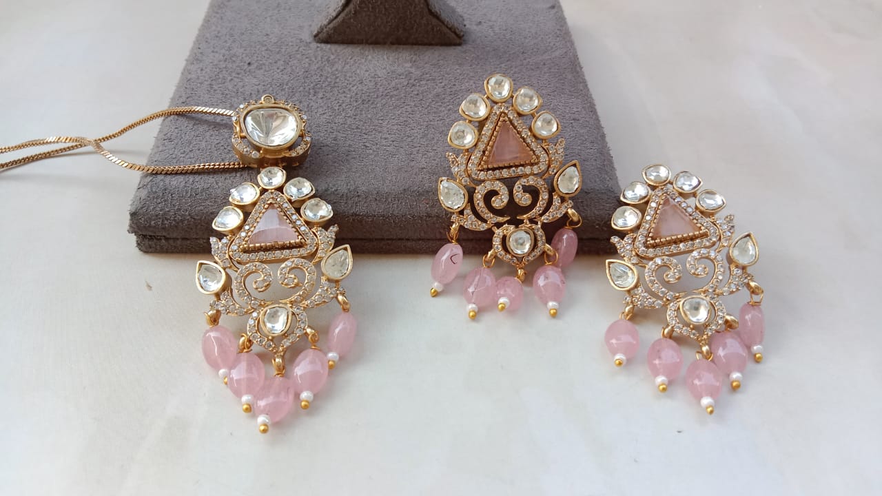 Gold Plated Kundan Pendant Set with Green, Pink & Purple Beads