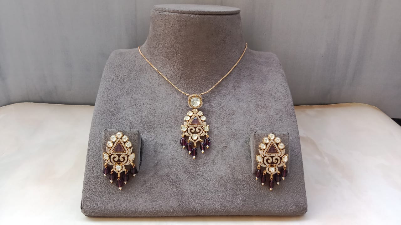 Gold Plated Kundan Pendant Set with Green, Pink & Purple Beads