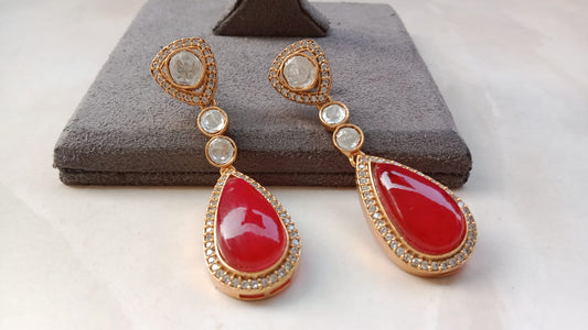 Polki Diamond Look Earrings with Ruby Stone & Gold Plating