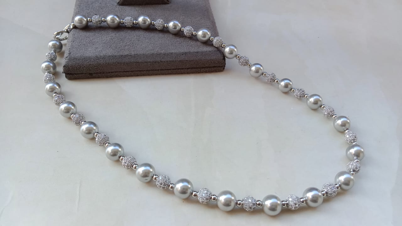 Elegant White Pearl AD Sparkle Necklace