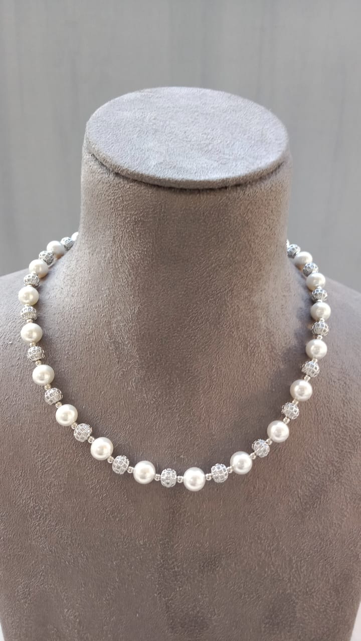 Elegant White Pearl AD Sparkle Necklace
