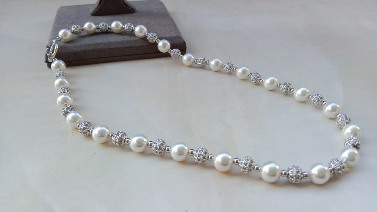 Elegant White Pearl AD Sparkle Necklace