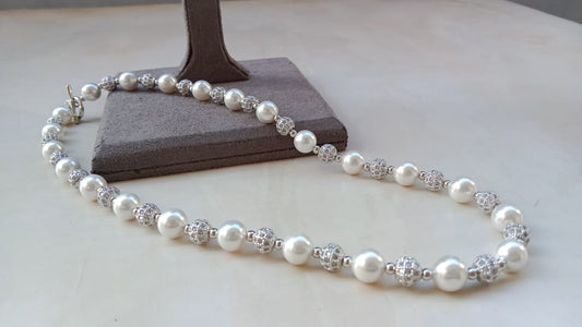 Elegant White Pearl AD Sparkle Necklace