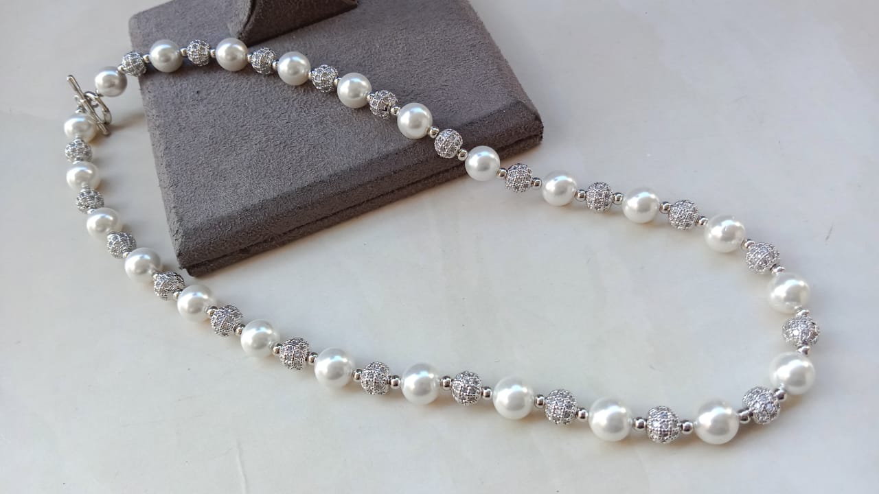 Elegant White Pearl AD Sparkle Necklace