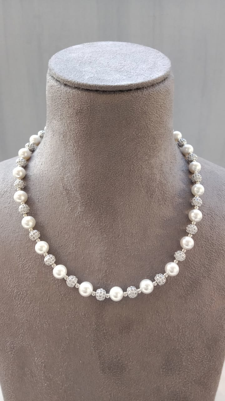 Elegant White Pearl AD Sparkle Necklace