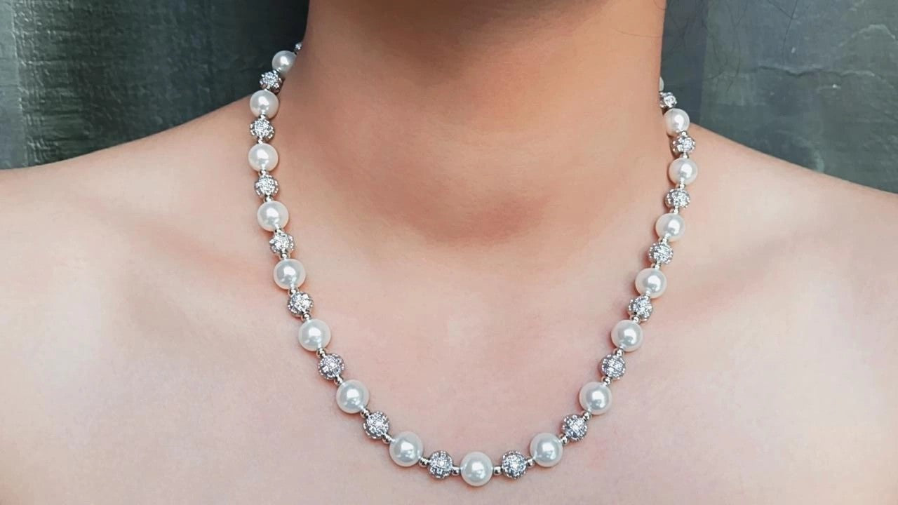 Elegant White Pearl AD Sparkle Necklace