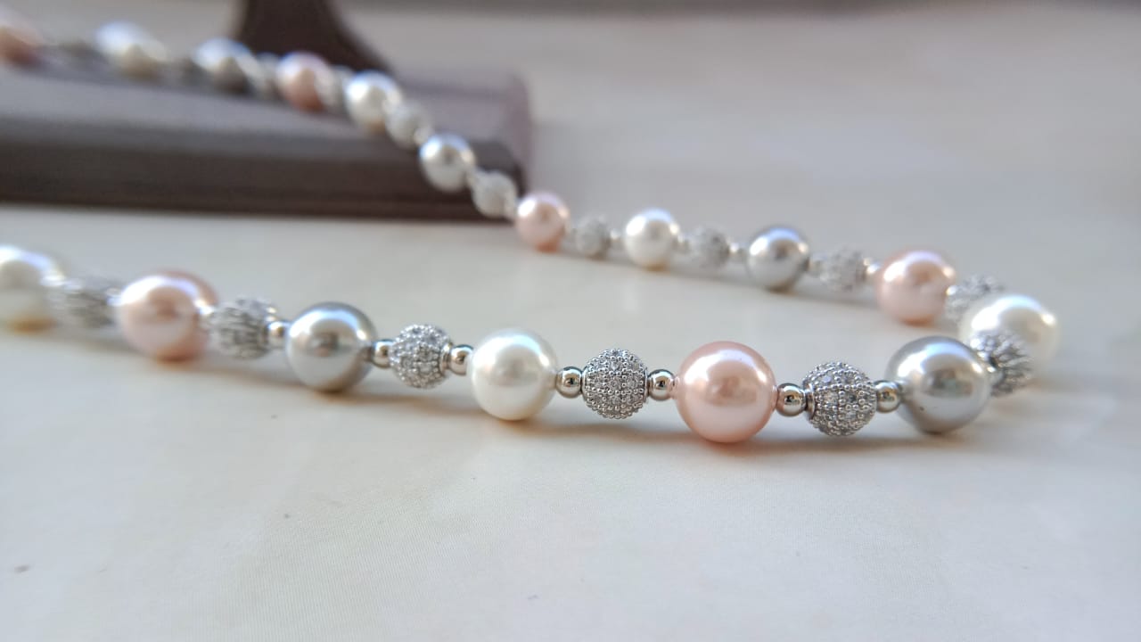 Elegant White Pearl AD Sparkle Necklace