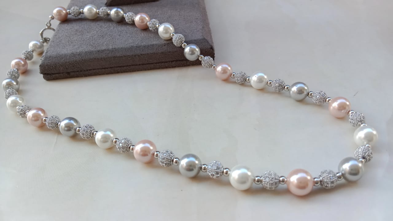 Elegant White Pearl AD Sparkle Necklace