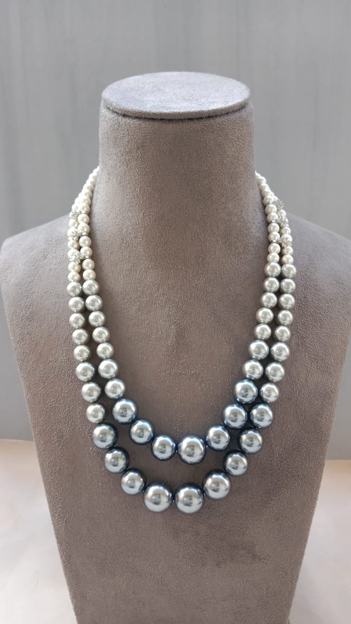 Dual-Tone Double Layer Rodium Pearl Necklace
