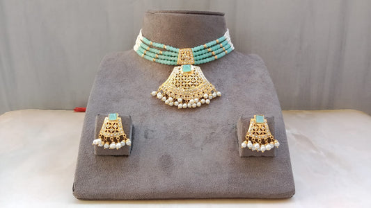 Jadau Set with Aqua Pearl String & Aqua Stone Center piece Gold Plated