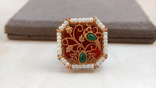 Peacock Design Adjustable Ring with Golden Plating