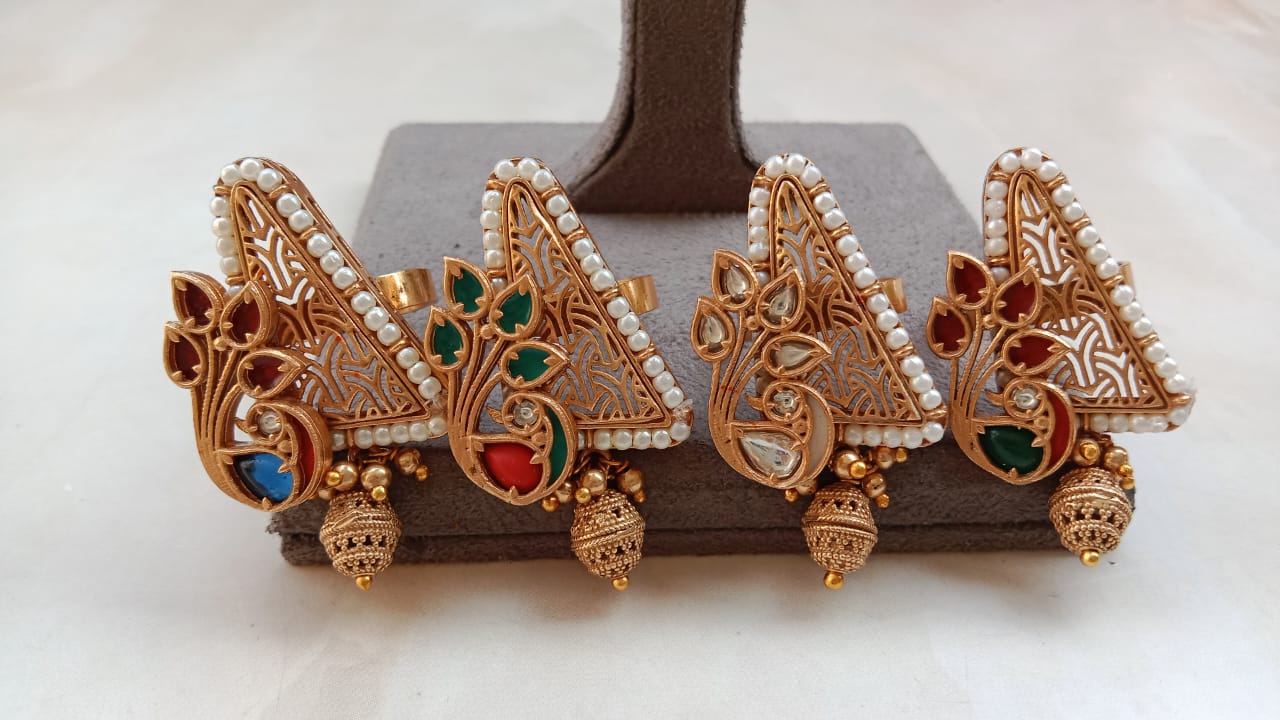 Polki Gold-Plated Peacock Ring with Golden Ball Drops – Adjustable