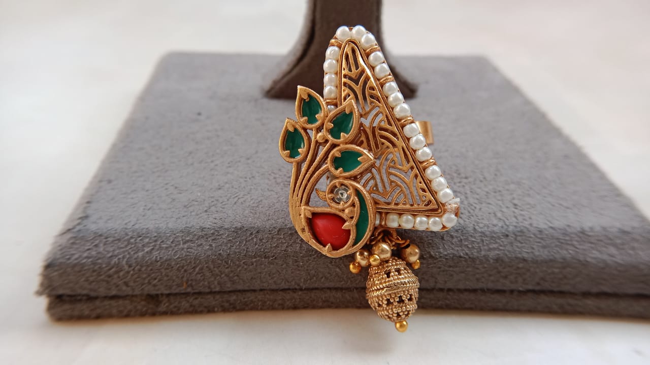 Polki Gold-Plated Peacock Ring with Golden Ball Drops – Adjustable