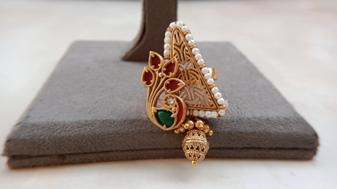 Polki Gold-Plated Peacock Ring with Golden Ball Drops – Adjustable
