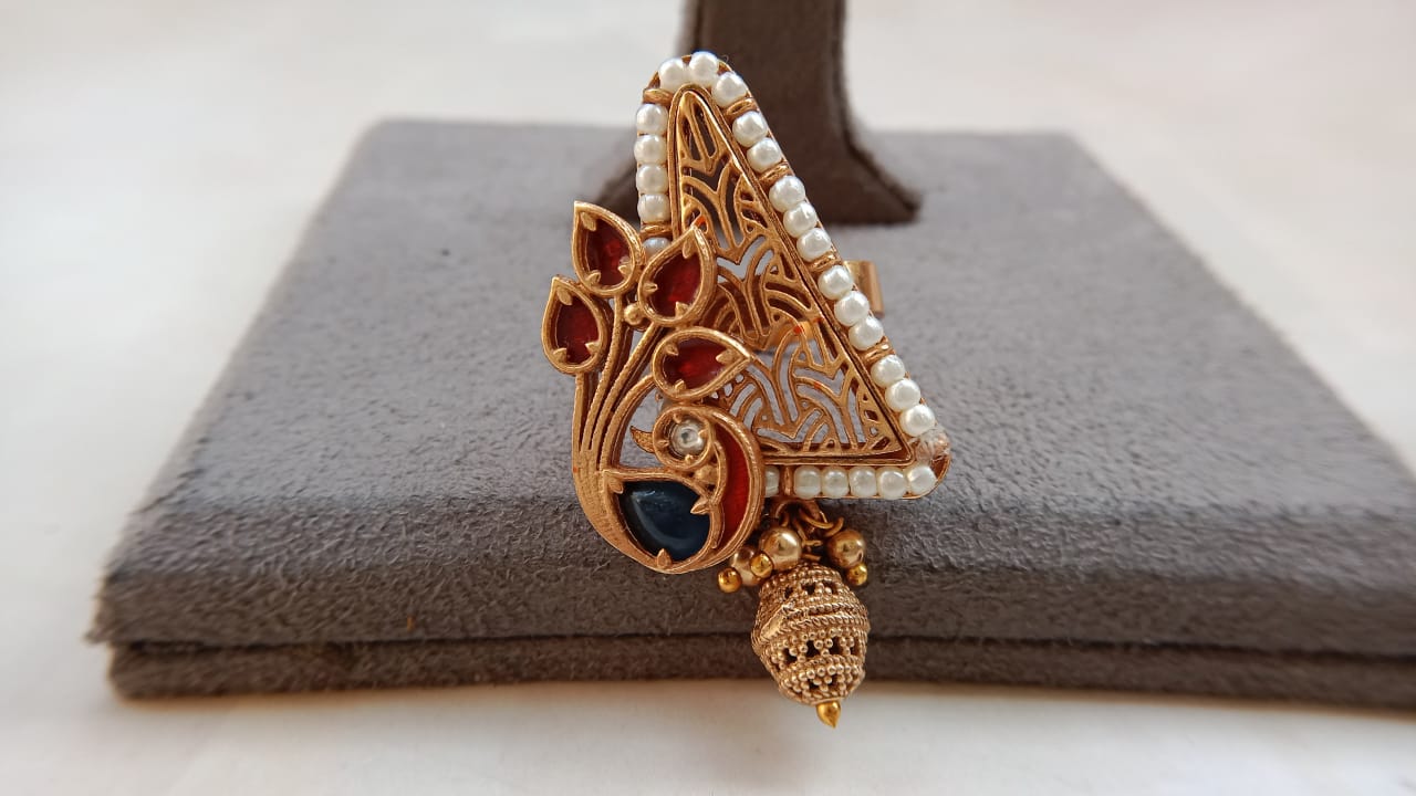 Polki Gold-Plated Peacock Ring with Golden Ball Drops – Adjustable