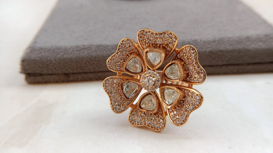 Polki Diamond Adjustable Ring with Gold-Plated Flower Design