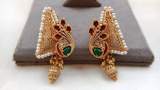 Peacock Design Earrings with Golden Drop & Gold Plating
