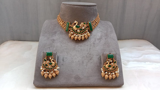 Green Choker Set with Peacock Design and Gold-Plated Carving