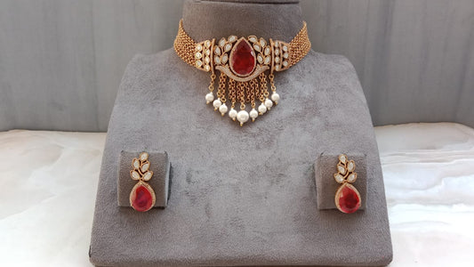 Polki Diamond Look Choker Set with Elegant Pearl Drops