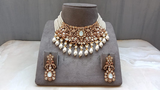 Gold Plated Choker Set with Peacock Design and Pearl Drops