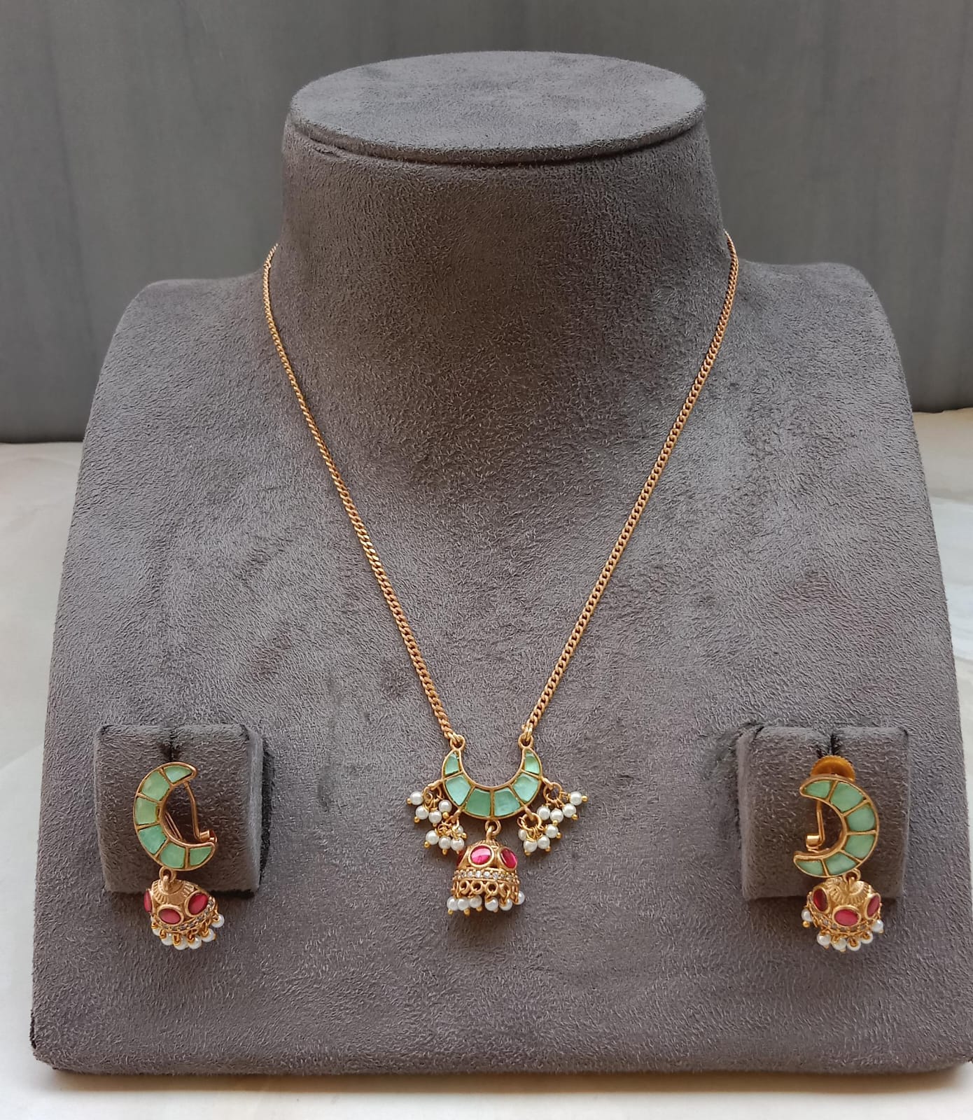 Gold Plated Mint Green Pendant Set with Jhumki Earrings