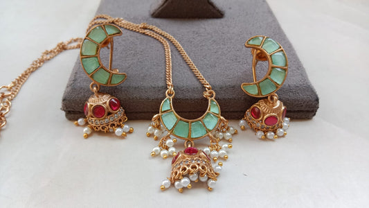 Gold Plated Mint Green Pendant Set with Jhumki Earrings