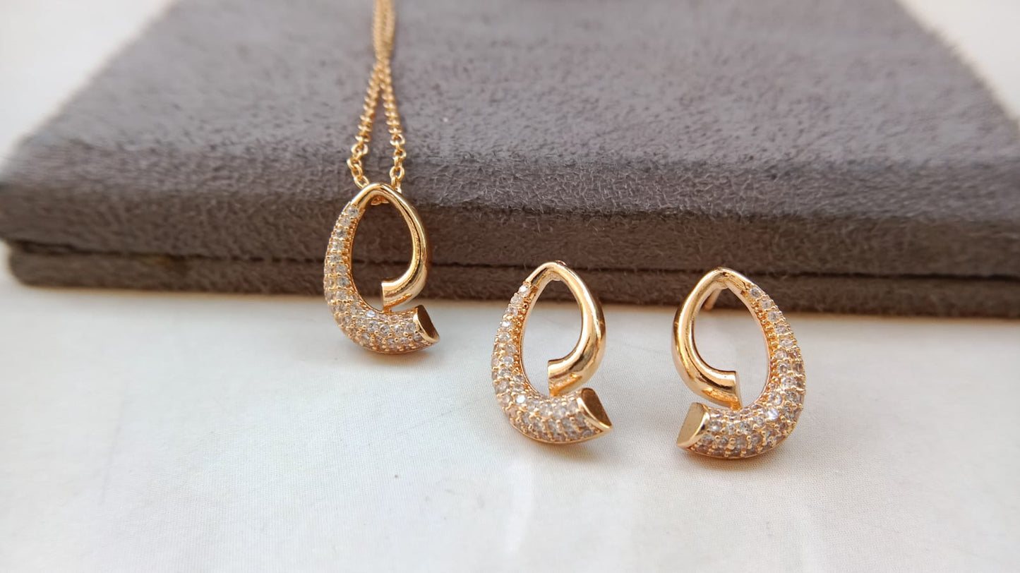 Twirl Elegance AD Pendant & Earrings Set – Gold & Rodium Finish