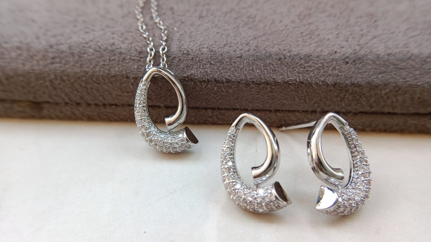 Twirl Elegance AD Pendant & Earrings Set – Gold & Rodium Finish