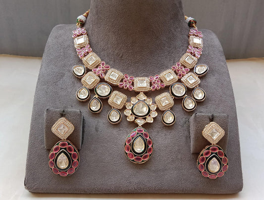 Polki Set with Meenakari Work and Ruby-Colored Stones