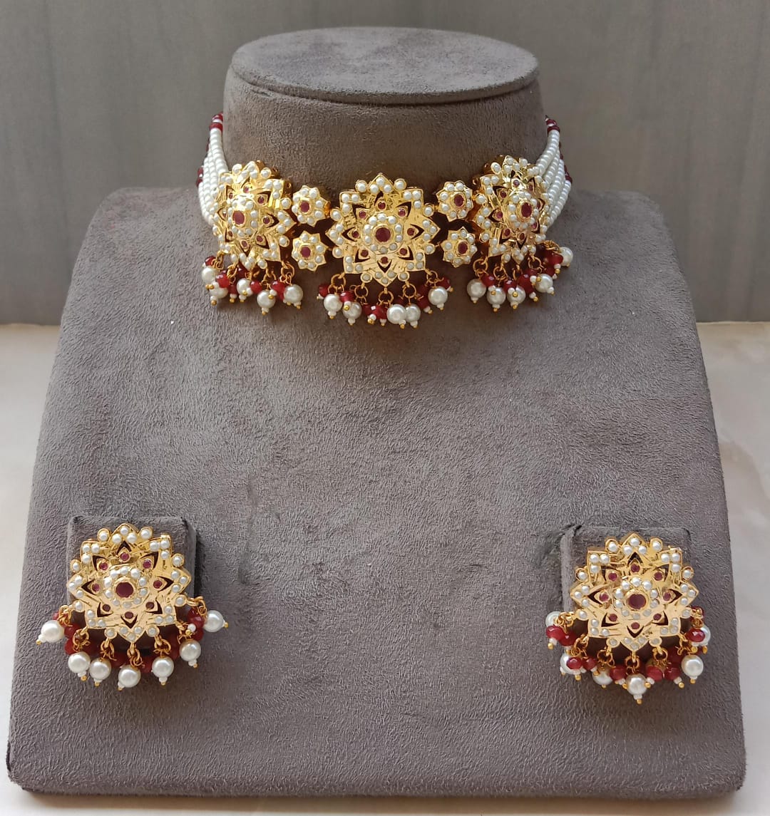 Kundan Choker Set – Mint & Ruby Colour Options with Beads and Stones
