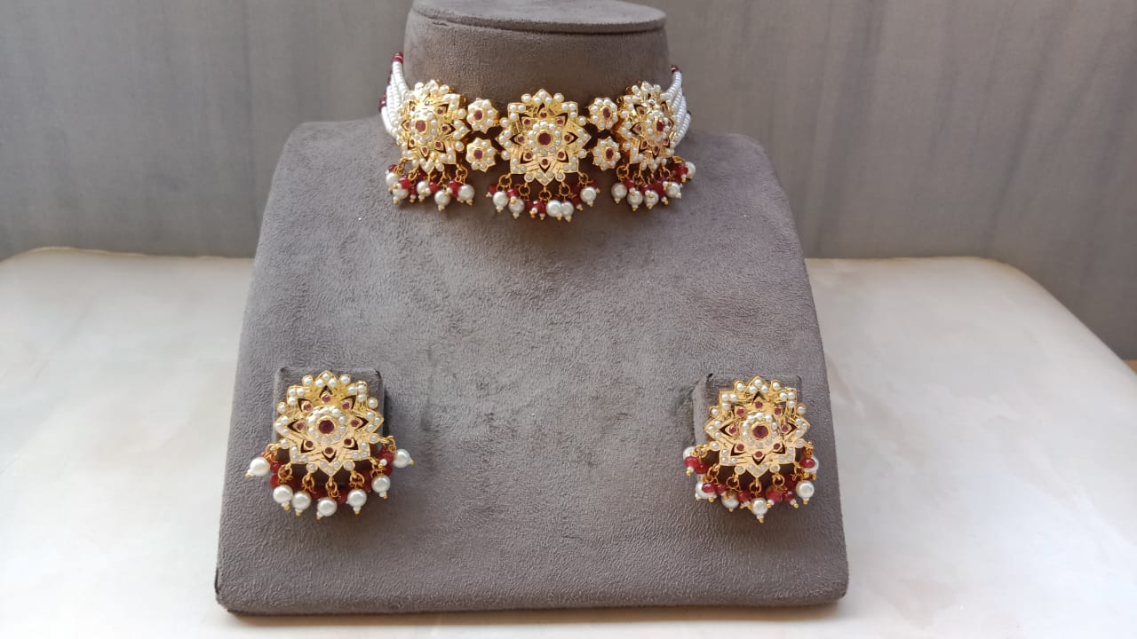 Kundan Choker Set – Mint & Ruby Colour Options with Beads and Stones
