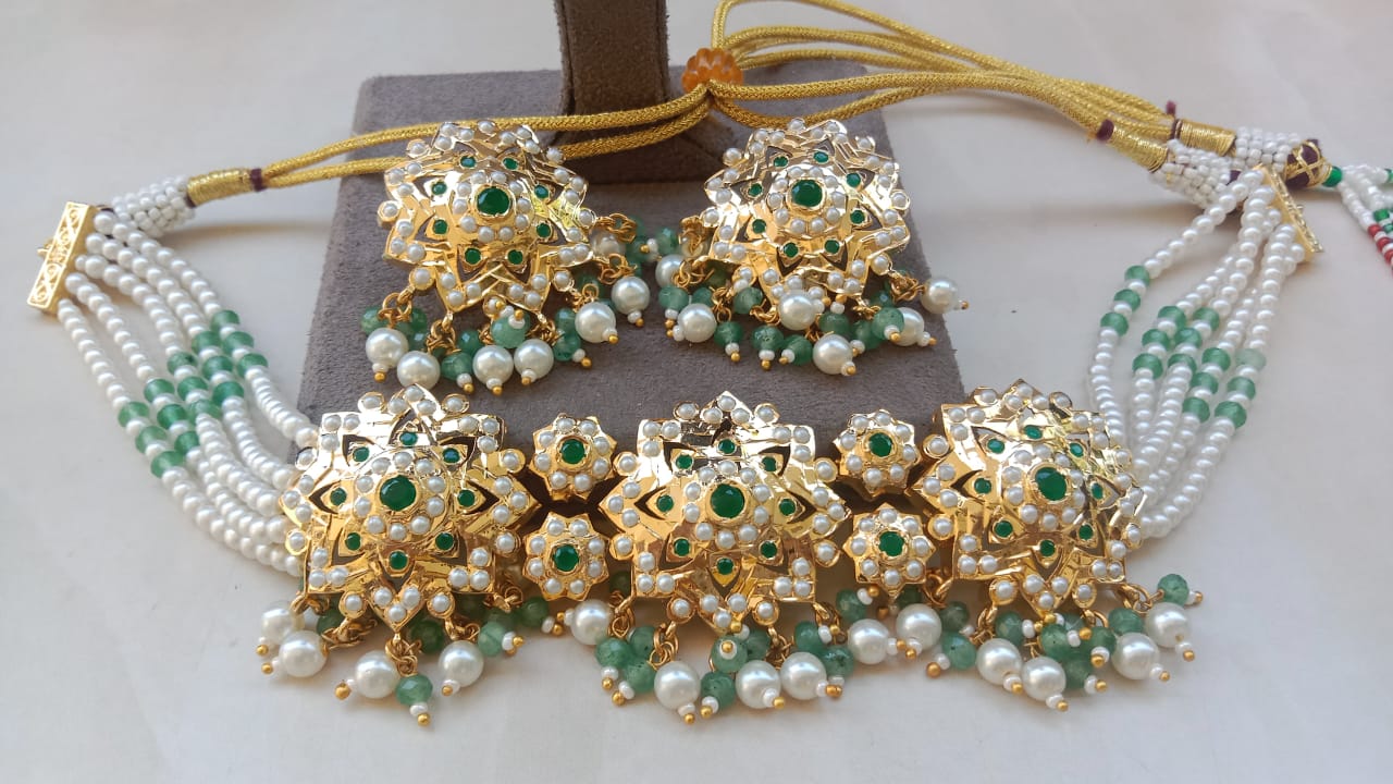 Kundan Choker Set – Mint & Ruby Colour Options with Beads and Stones