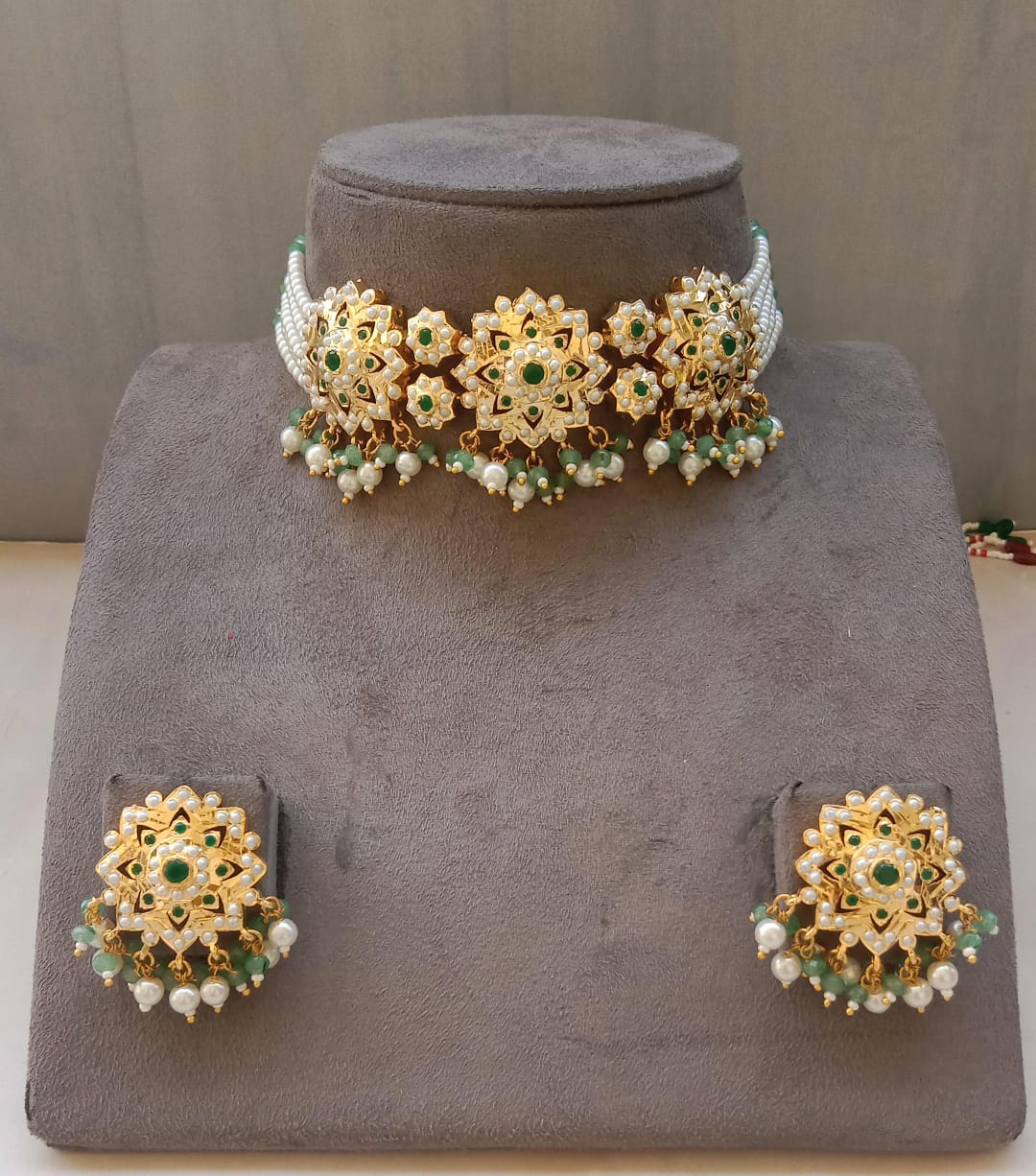 Kundan Choker Set – Mint & Ruby Colour Options with Beads and Stones