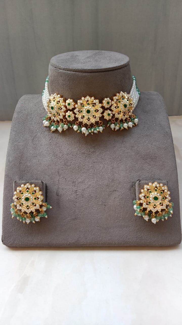 Kundan Choker Set – Mint & Ruby Colour Options with Beads and Stones